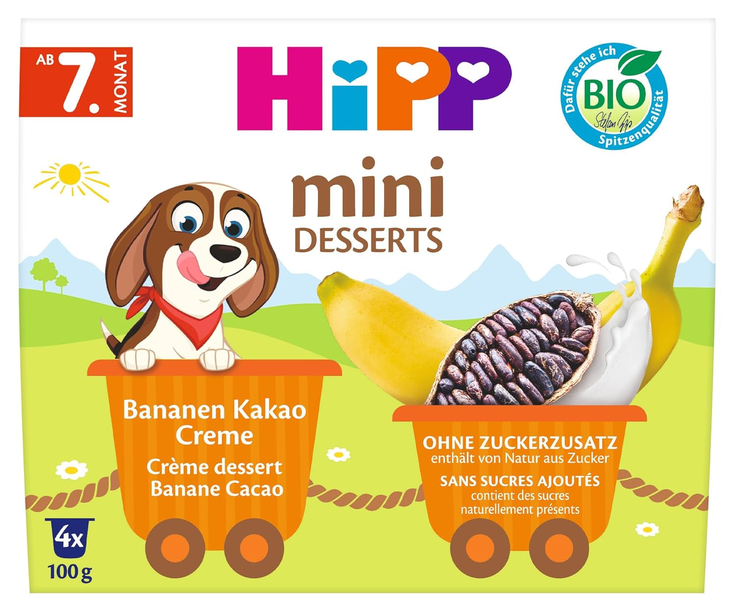 HiPP Mini Dessert Bio banán a kakaový krém (balení 6 x 4 x 100 g), od 7 měsíců, v praktických kelímcích, bez přidaného cukru, nejlepší bio kvality