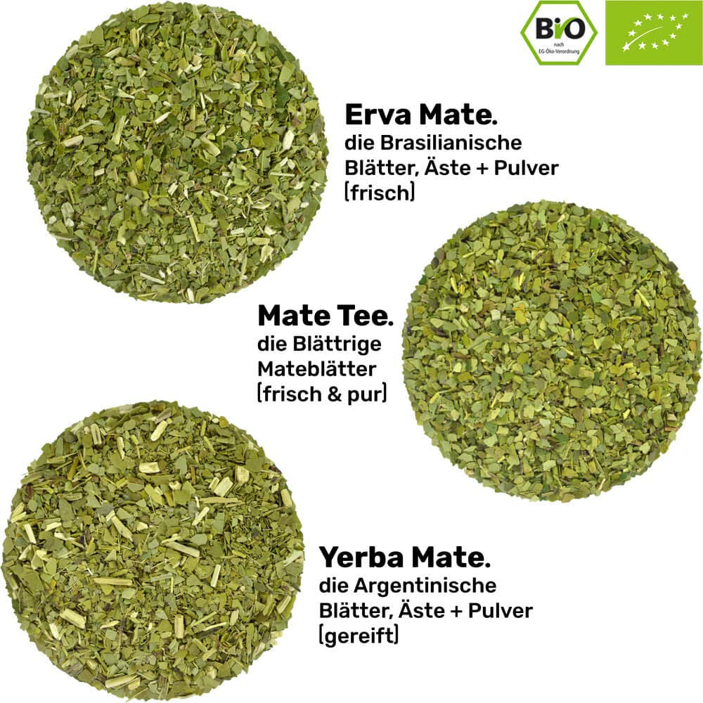 Set de ceai Mate pentru două persoane, organic ● 2 căni Mate + 2 bombillas + 300 g ceai Mate + instrucțiuni de preparare