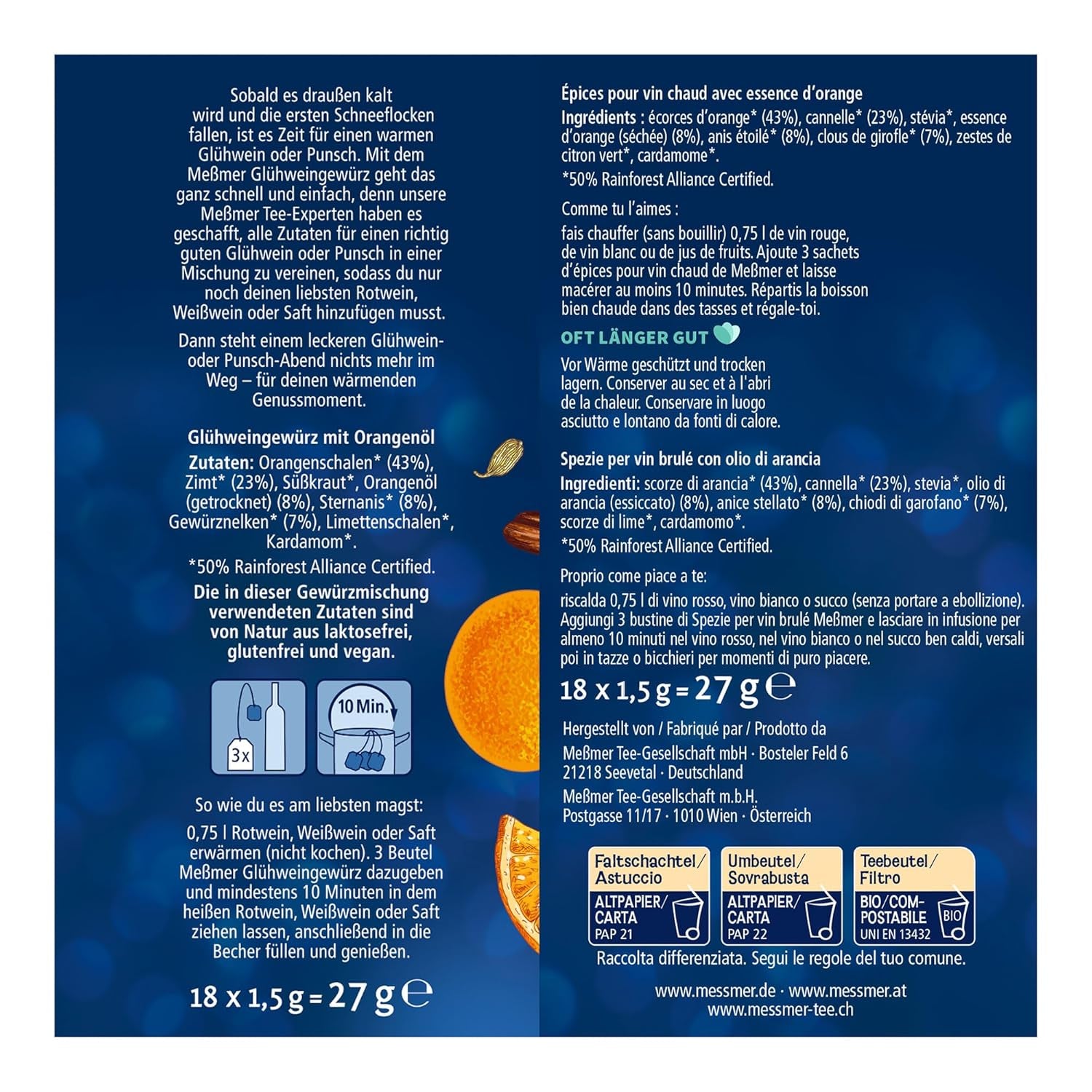 Meßmer Glühweingewürz | Na víno nebo džus | 18 Teebeutel | Bez lepku | Vegan bez laktózy