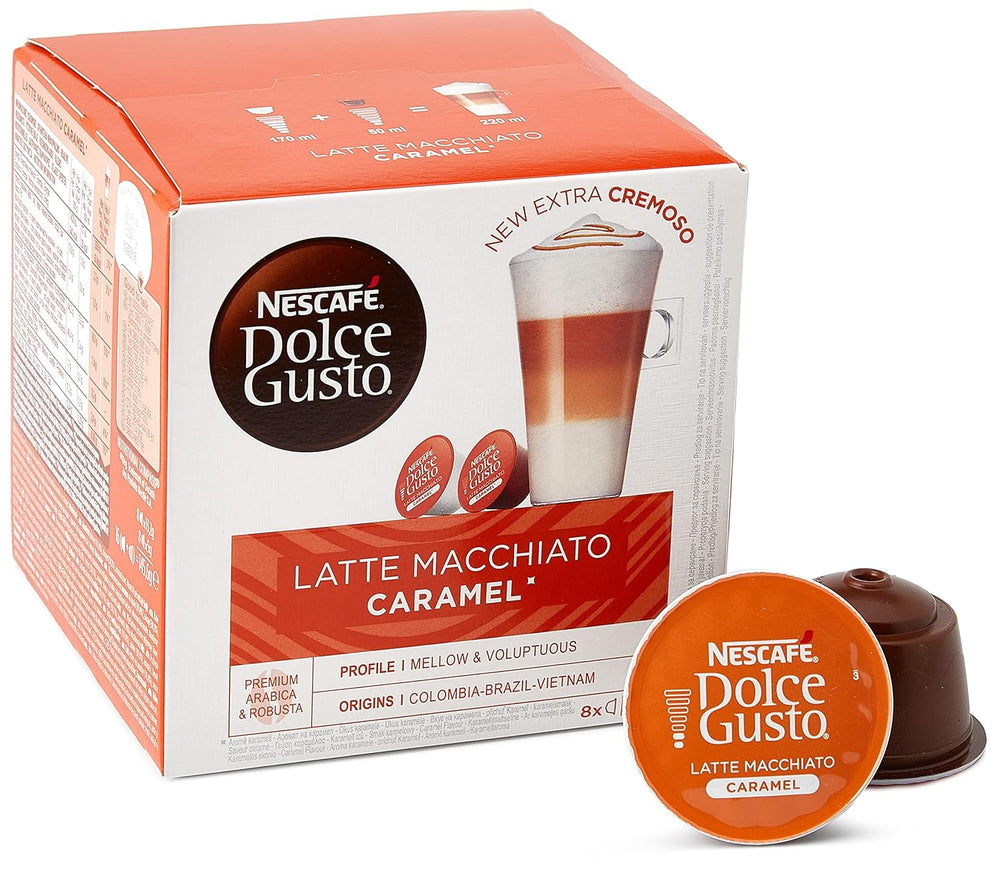 NESCAFÉ Dolce Gusto Latte Macchiato Vorratsbox 90 Kaffeekapseln (Aromatischer Espresso & Latte Macchiato Caramel