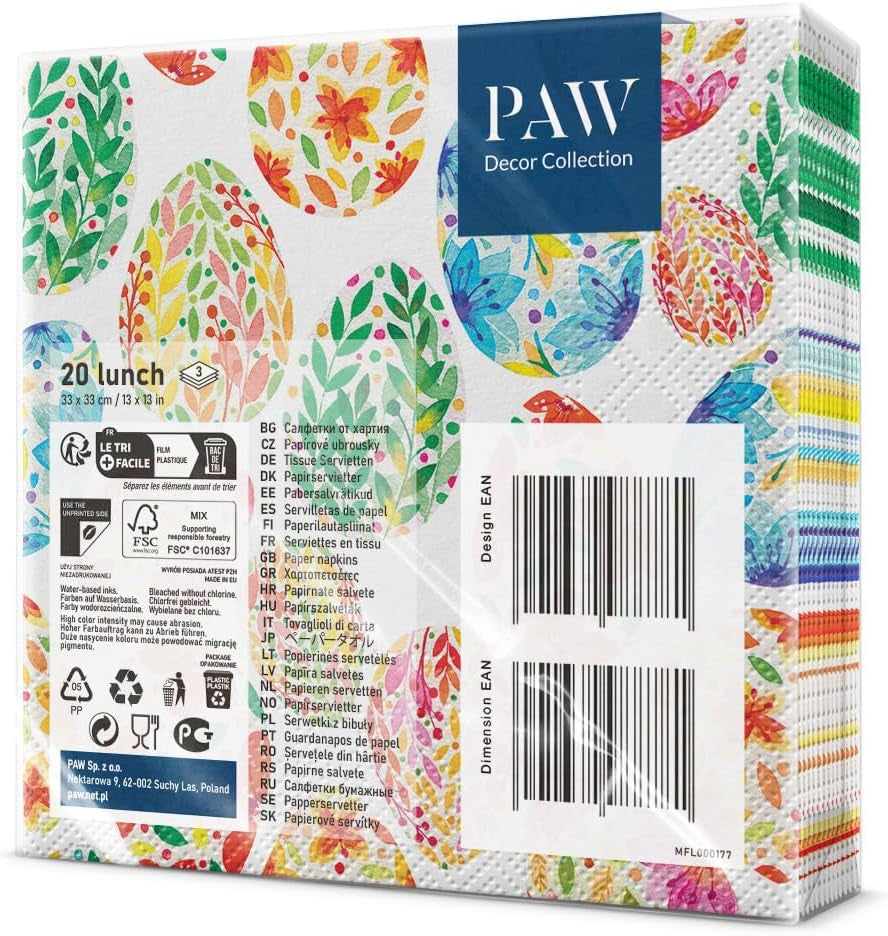 PAW - Șervețele din 3 straturi (33 X 33 Cm) I 20 bucăți I Perfect pentru Paște, petreceri, primăvară și sărbători I Decorațiuni de masă Petrecere de Paște Șervețele de hârtie colorate - Ouă de Paște în acuarelă I Ouă în acuarelă