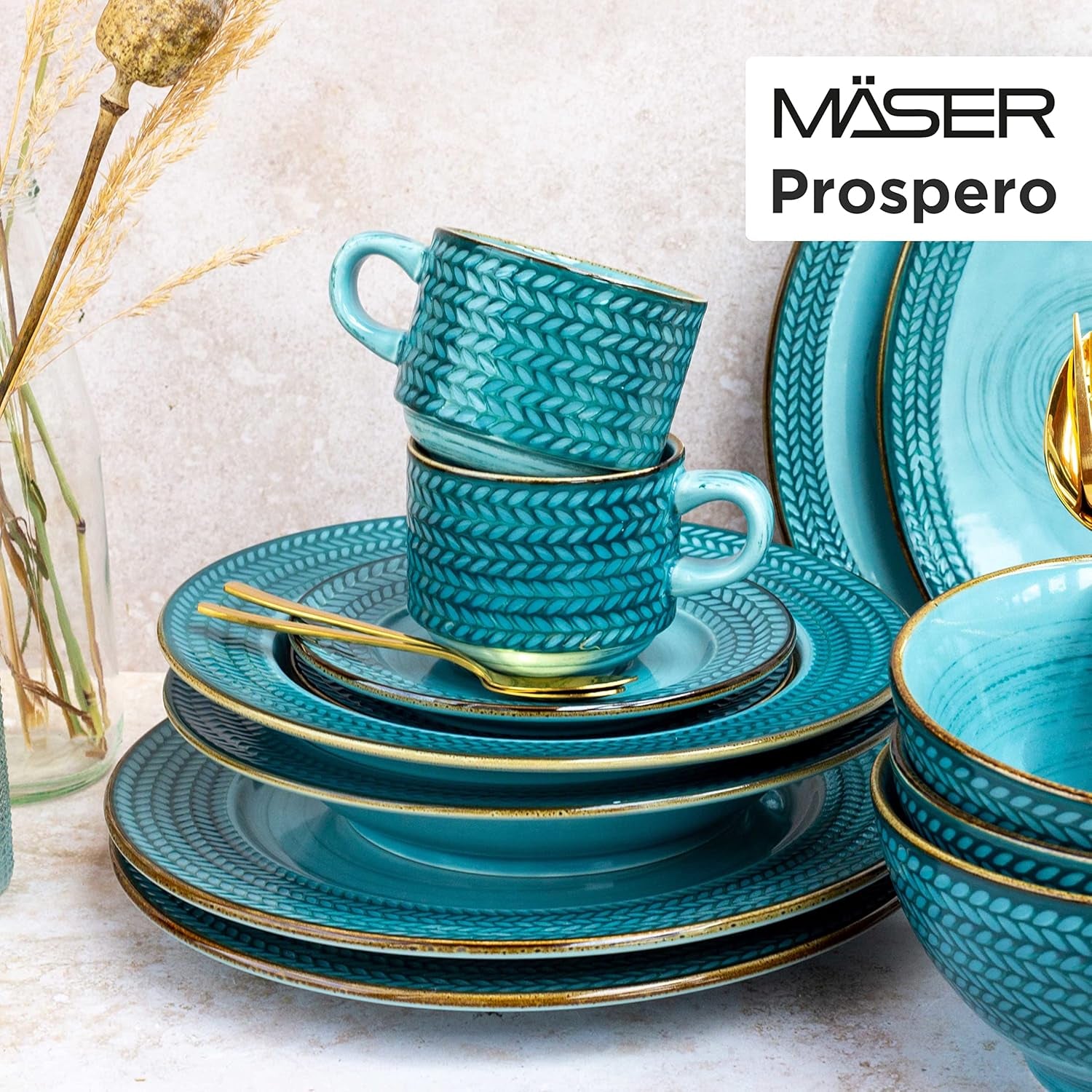 Set de cafea Prospero Premium pentru 4 persoane, calitate restaurant, serviciu de cafea modern cu 12 piese în stil vintage unic, porțelan durabil, albastru