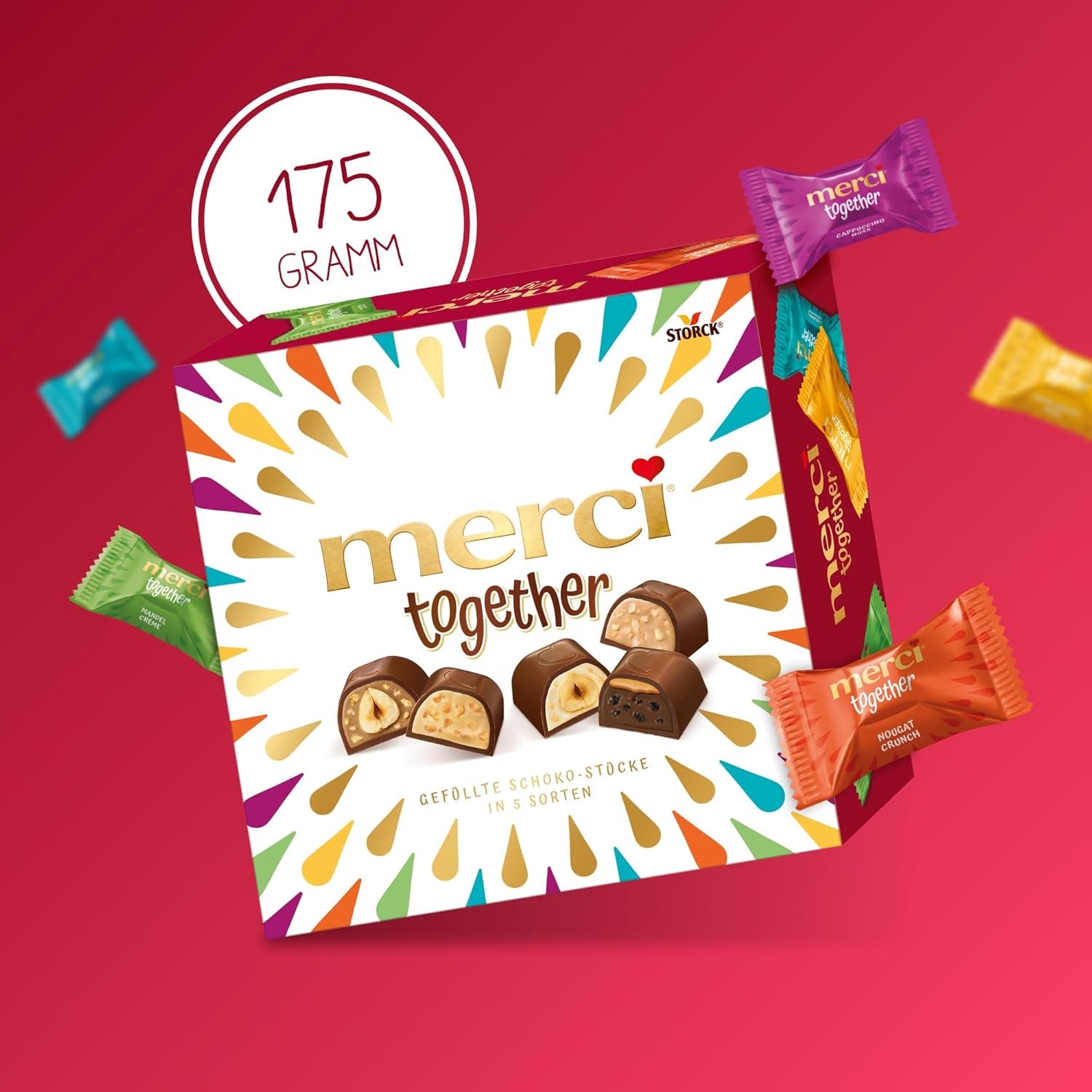 Merci Together - 1 x 175 g - Plněné čokolády v pěti variantách s jemnou mléčnou čokoládou - Čokoládové pralinky ke sdílení a darování