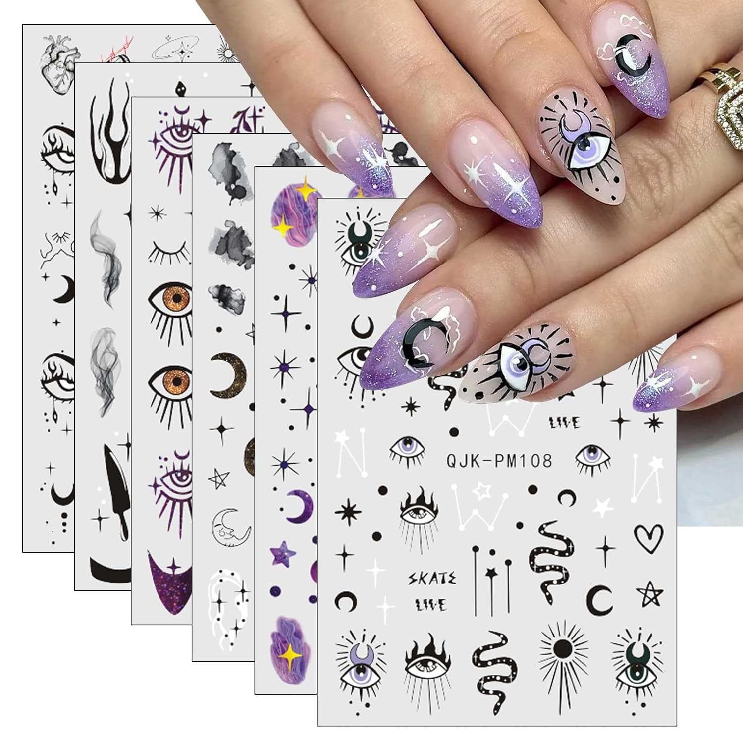 Jmeowio Nagelsticker Mond Stern Sonne 9 Blatt Nail Art Sticker Selbstklebend Nagelaufkleber Bunte Dekoration Nageldesign Zubehör
