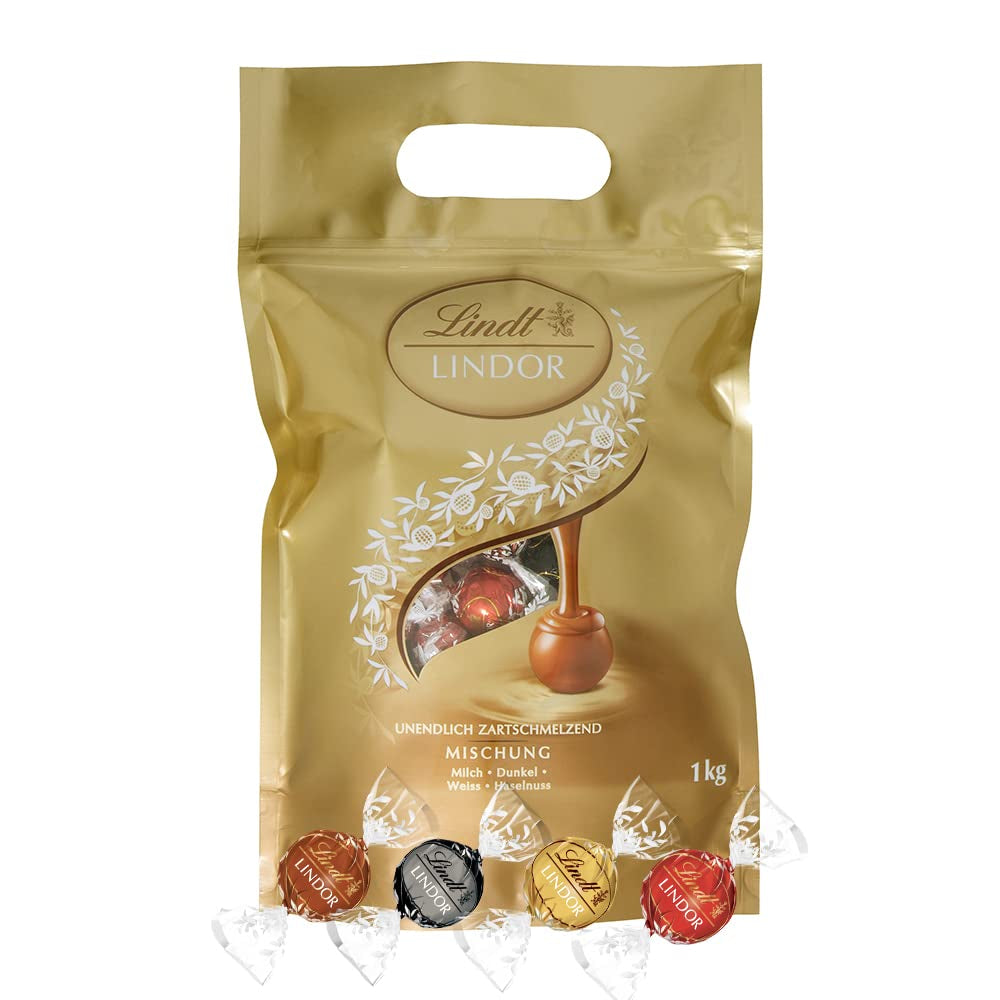 Sortiment Lindt Čokoláda LINDOR | 1371 g, Classic | cca. 80 kuliček čokolády (mléčná, bílá, hořká 60%, oříšková) | Velké balení, 1 kg