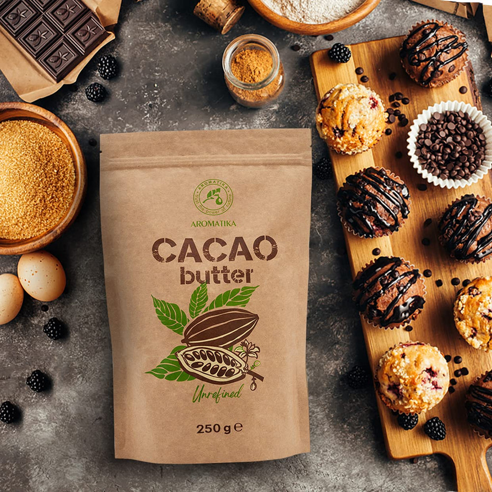 Kakaové máslo - 250 g - Theobroma Cacao - Surové kakaové máslo - Kakaové máslo in Stücken - Kaltgepresst - Unraffiniert - Rein und Naturlich - für Speisen und Hautpflege - Kakaové máslo