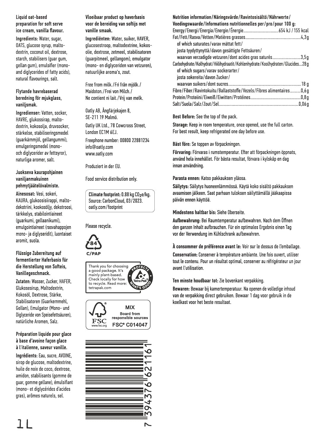 Oatly Soft Serve Mix pro výrobu měkké zmrzliny na rostlinné bázi ve stroji na výrobu ledu 1L, (6er-Pack)