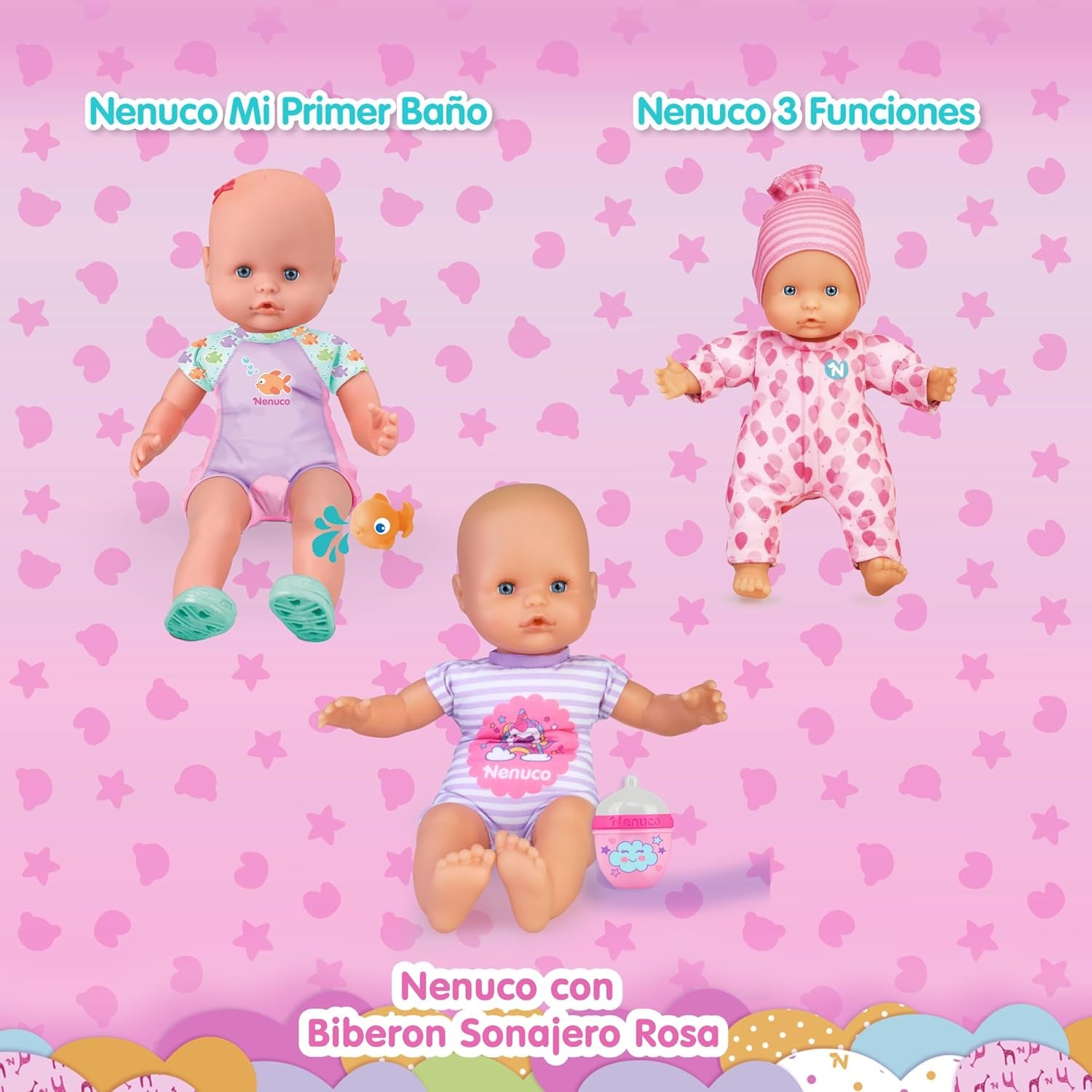 Prima mea baie: O păpușă moale cu corp impermeabil, potrivită pentru utilizare în cadă, piscină și mare. Include un costum de baie și un peștișor plasat în apă.