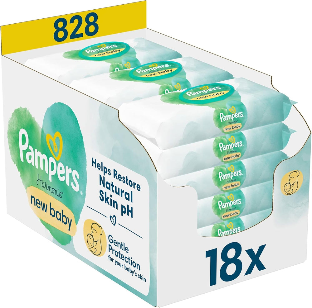 Vlhčené ubrousky Pampers Harmonie Protect & Care, 18 balení po 44 ubrouscích = 792 ubrousků, které pomáhají obnovit přirozenou rovnováhu pH pokožky