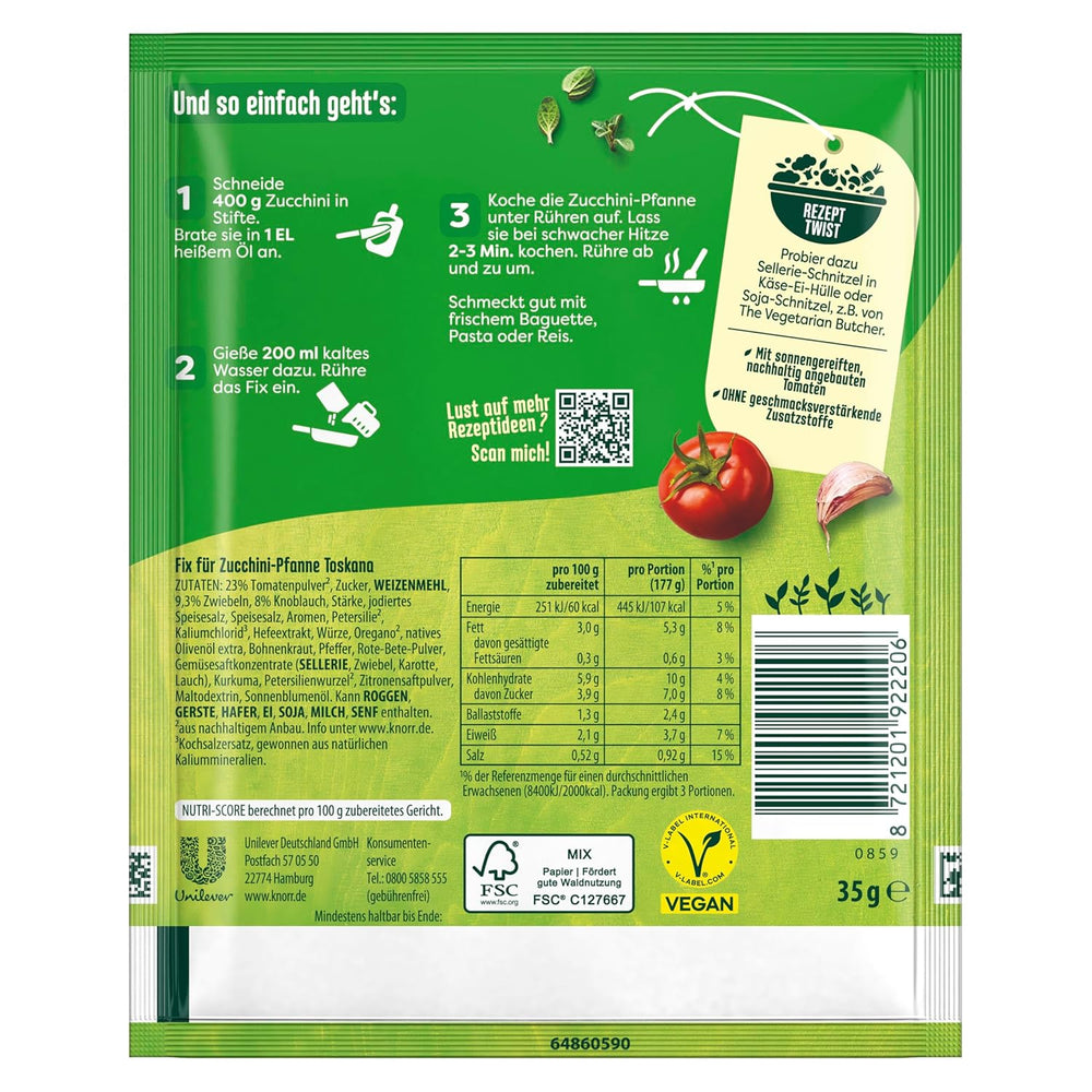 Knorr Fix Veggie Würzmischung Zucchini-Pfanne Toskana mit Gemüse für eine leckeres Gericht ohne geschmacksverstärkende Zusatzstoffe 3 Porce