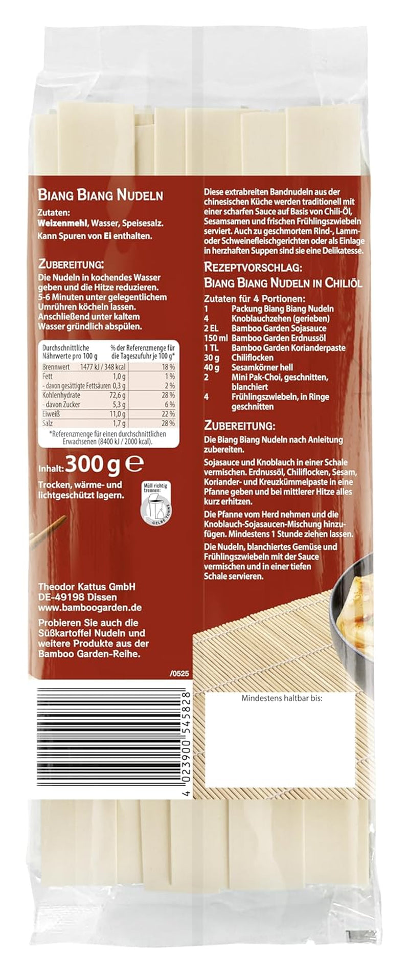Bambusová zahrada - Biang Biang Noodles | Extra široké čínské nudle | Ideální pro pikantní omáčky Rychlá příprava 300g sáčku