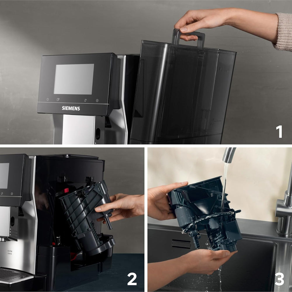 Espressor automat Siemens EQ700 classic TP715D01, control prin aplicație, preparare la rece, afișaj tactil intuitiv, până la 10 creații individuale de cafea ca favorite, curățare automată cu abur, 1500 W, gri-argintiu