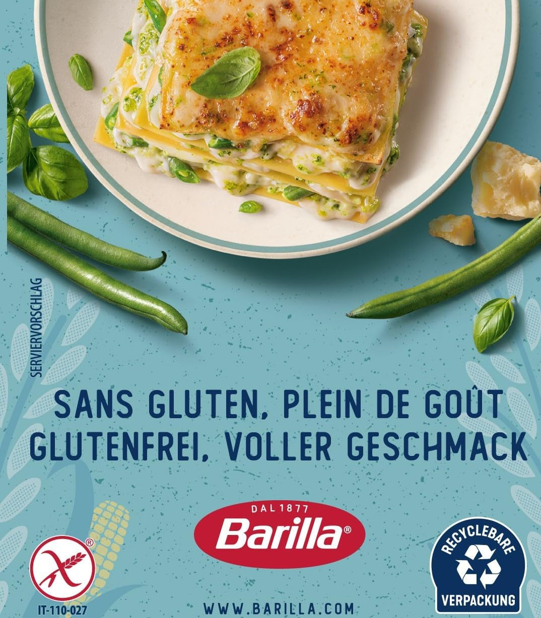 Bezlepkové lasagne s těstovinami Barilla, vyrobené z lahodné kukuřice a rýže, ideální pro lidi s celiakií nebo nesnášenlivostí lepku, balení 10 ks (10 x 250 g)