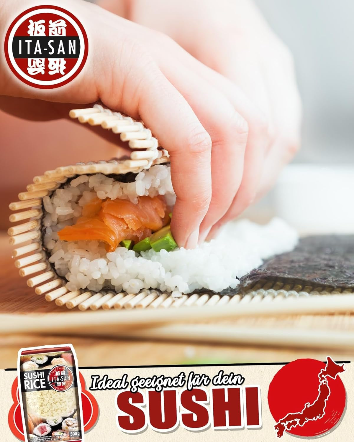 ITA-SAN Sushi rýže, kulatá zrna, špičková kvalita, 100% čistá odrůda, rychlá a snadná příprava, veganská, halal, bez lepku (1 x 500 g)