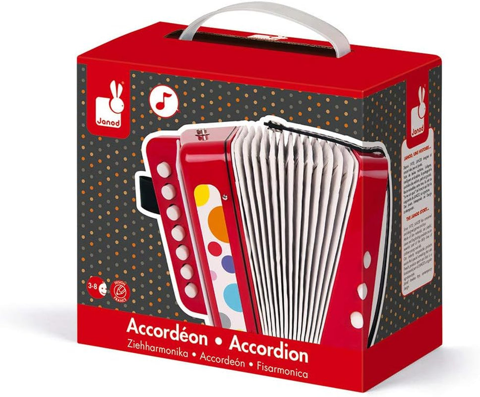 Janod - Acordeon Confetti, instrument muzical pentru copii, replică de jucărie și jucărie pentru percepție muzicală, curea de prindere, roșu, de la 3 ani, J07620 Jucarii Bebe Naty Shop
