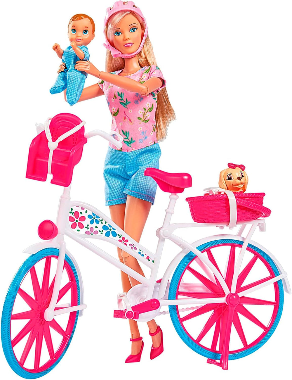 Simba 105739050 - Steffi Love Bike Tour, Steffi și Evi în castelul lor cu trei etaje, cu leagăn, mobilier și o mulțime de accesorii, 40 de piese, 102x90x38cm, pentru copii cu vârsta de 3 ani și peste