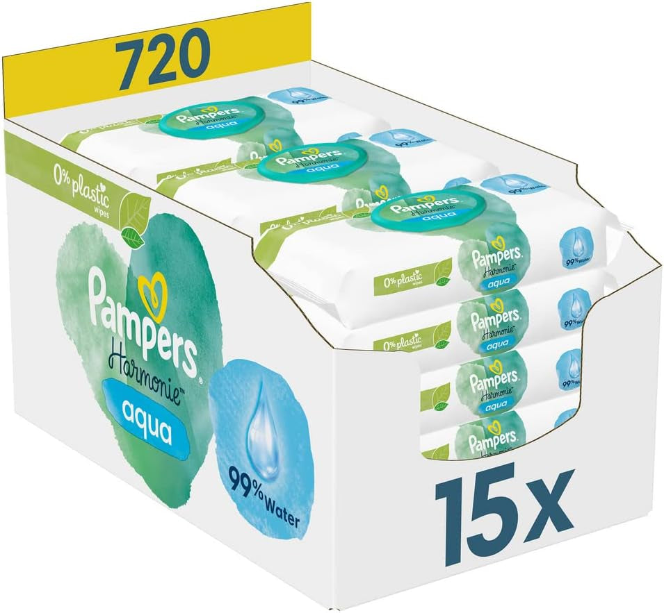Náplňový box 2320 Plus 2017 (6-balení) a box na vlhčené ubrousky Pampers Harmony Aqua Baby, 720 ubrousků (15 x 48), jemná ochrana pokožky s 99 % vody