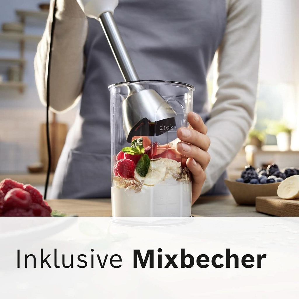Bosch Stabmixer Ergomaster Serie 4 MSM4W210, Einhändig Bedienbar, Edelstahl-Klingen, Verschleißfreie Keramik-Kupplung, Mixbecher, Quattroblade, Antisplash Funktion, Einschaltsperre, 600 W, Weiß Mama si Copilul Naty Shop