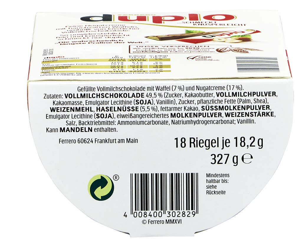 Velké balení Ferrero duplo – Čokoládové tyčinky s jemným nugátovým krémem, křupavou oplatkou a jemnou mléčnou čokoládou – Karnevalové a Mardi Gras sladkosti – 15 balení po 18 jednotlivě balených tyčinkách