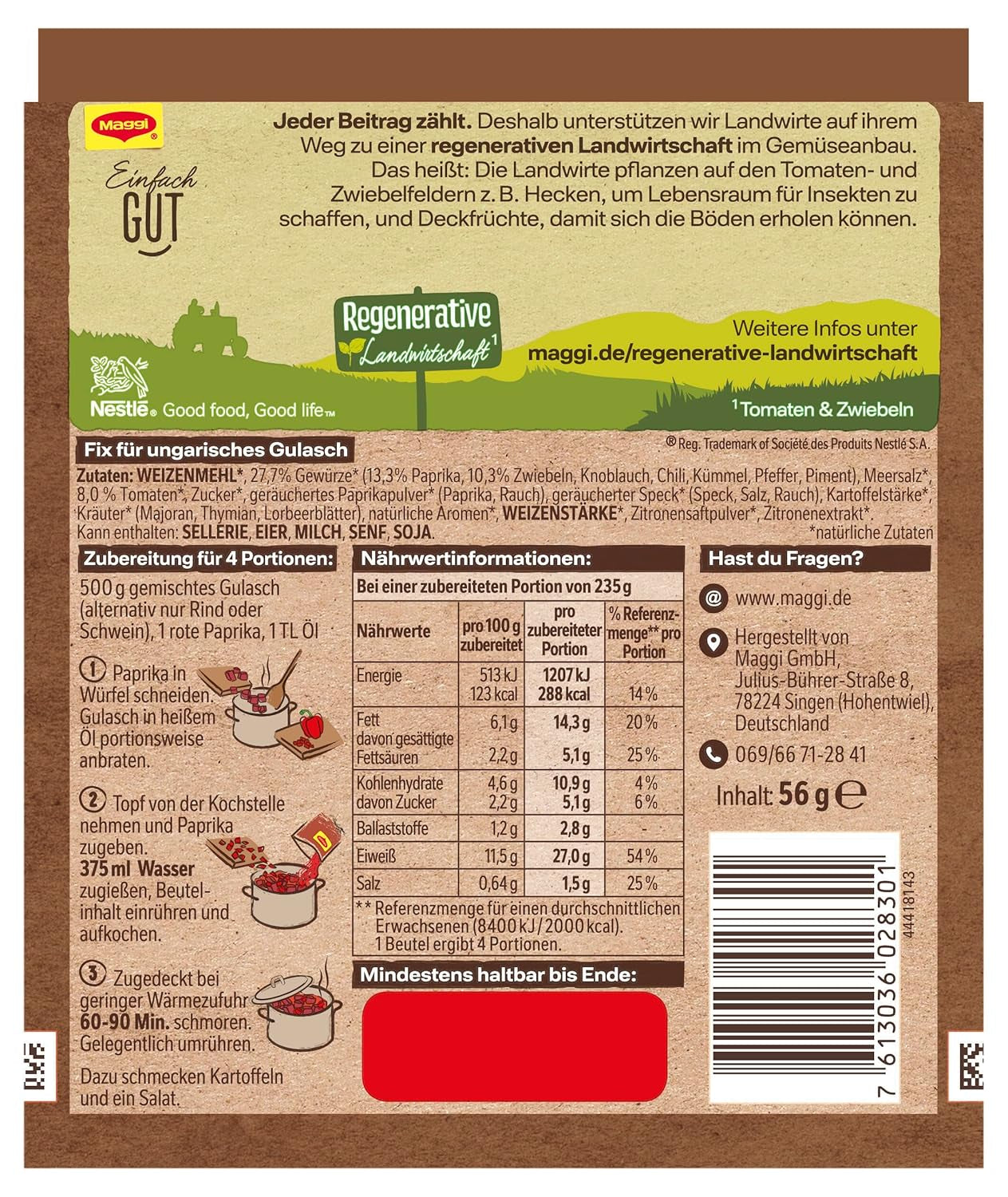 MAGGI Fix na maďarský guláš, Würzmischung, mit natürliche Ingredient*, pro 4 porce, 1er Pack (1 x 56g Packung)