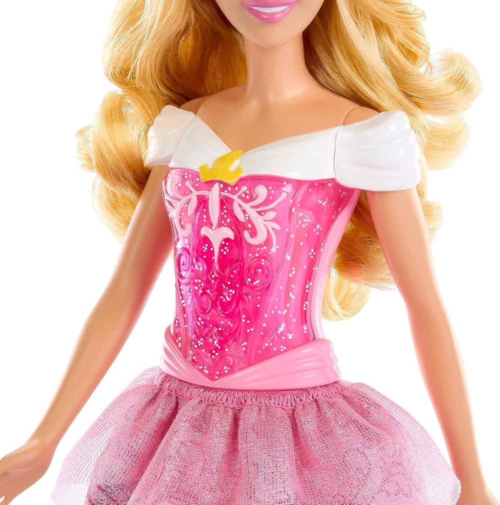 Mattel DISNEY Princess Aurora – panenka s typickým oblečením, odnímatelné boty a diadém, třpytivý top a odepínatelná vzorovaná sukně, dlouhé stylové vlasy, panenky HLW09 Naty Shop