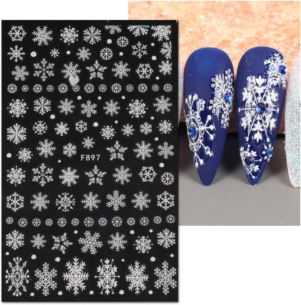JMEOWIO Nagelsticker Weihnachten Weiß Glitter 8 Blatt Nail Art Sticker Selbstklebend Nagelaufkleber Schneeflocke Winter Holiday Dekoration Nageldesign Zubehör