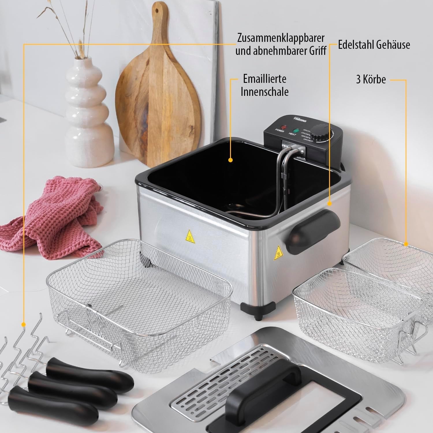 Friteuză Tristar, 1 coș mare și 2 coșuri mici, termostat reglabil, zonă de răcire, 5 litri, 2000 W, FR-6949 Electrocasnice Naty Shop