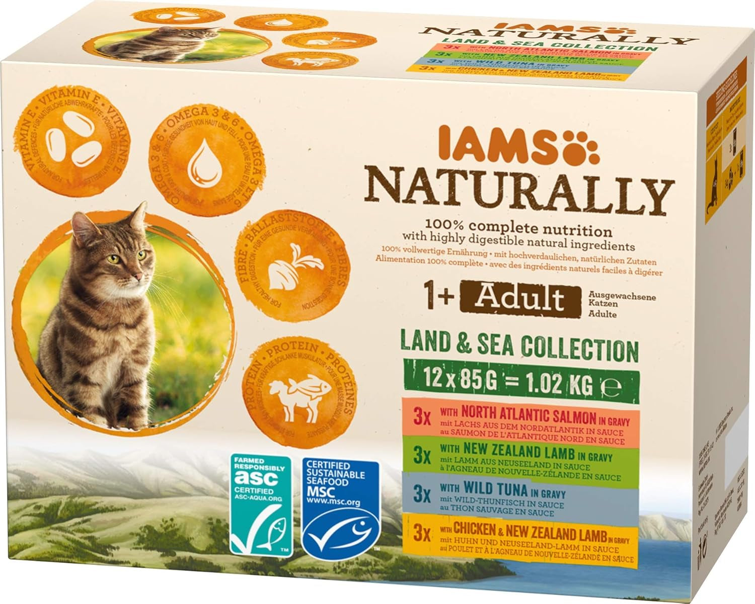IAMS Hrană umedă naturală pentru pisici în sos - Hrană umedă de înaltă calitate cu carne și pește pentru pisici adulte, Colecția Land & Sea, 12 x 85 g