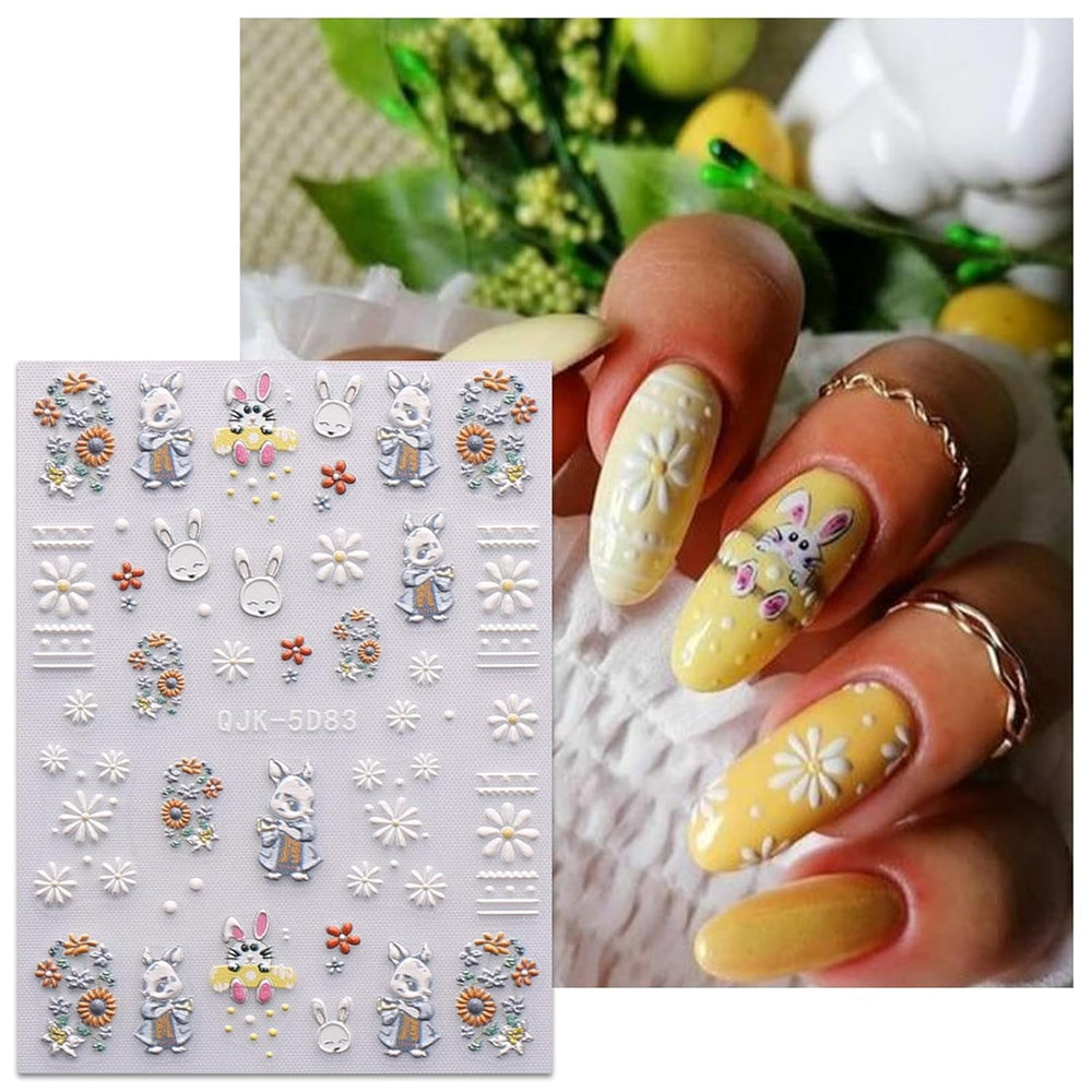 JMEOWIO 6 Blatt 3D Nagelsticker Ostern Nail Art Sticker Selbstklebend Nagelaufkleber 5D Stereoskopisch Süßer Hase Ei Dekoration Nageldesign Zubehör