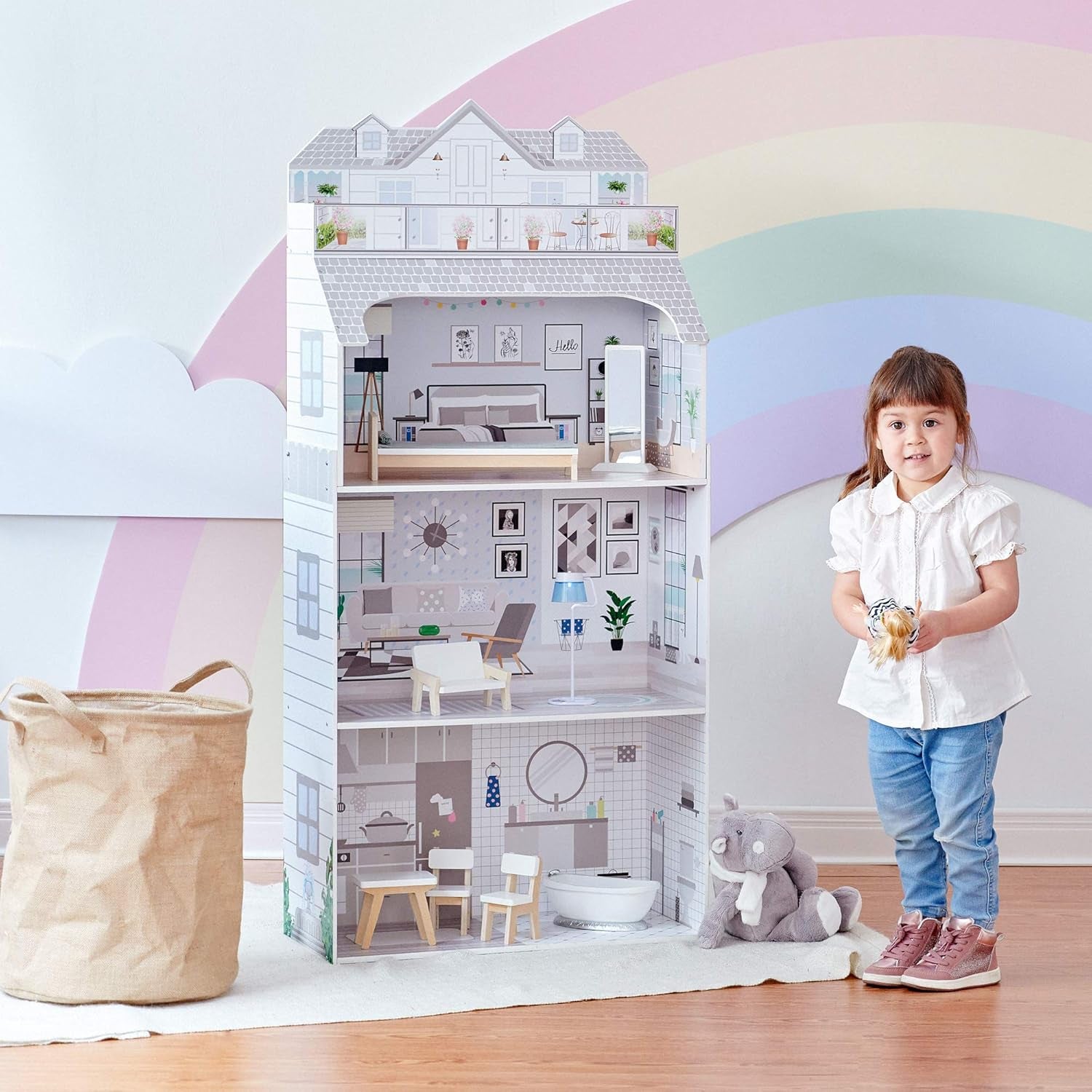 Teamson Kids Casa de păpuși gigantică Olivia's Little World cu mobilier și accesorii, casă de păpuși din lemn, joc cu 3 etaje pentru păpuși de 30 cm, vârste 3+