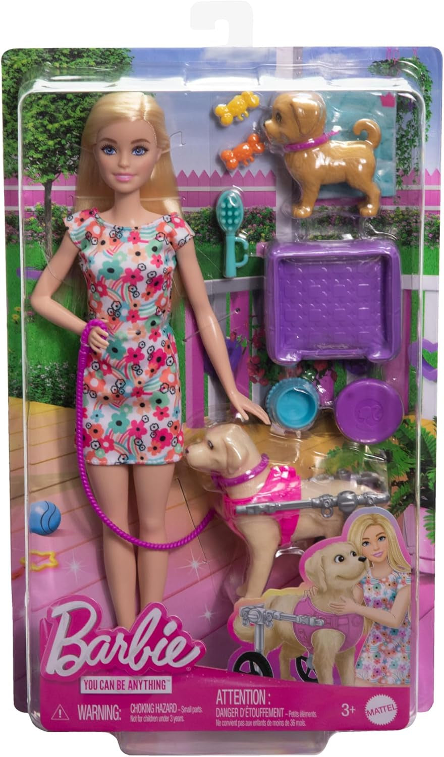 Păpușa Barbie Dog Duo și accesorii, inclusiv cățeluș și câine mare cu scaun cu rotile, lesă, bol cu hrană, pat pentru animale și recompense cu oase, pentru copii cu vârsta de 3 ani și peste, HTK37