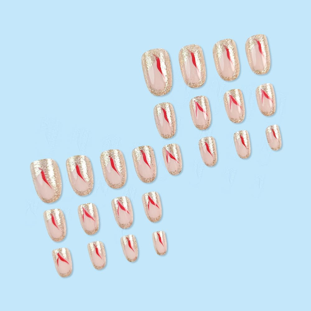 24 buc unghii scurte cu presă pe unghii artificiale cu sclipici auriu pentru lipire pe unghii adezive roșii cu vârtej set unghii acrilice accesorii pentru femei