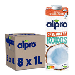 Alpro Kokosnussdrink ohne Zucker – Ohne Süßstoffe – Vegan und Milchfrei – Von Natur aus laktosefrei a fettarm – Bohaté na vápník a vitamíny – 8 x 1 l