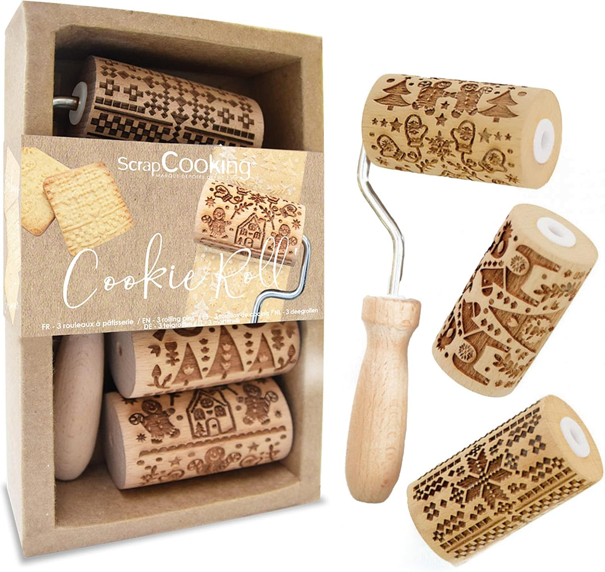 ScrapCooking 3798 Sada vánočního cukroví – 3 Mini-Gebäckrollen aus Holz mit Motiven – Dekos mit Prägung – Form für Kekse, Sandgestrahlt, Kekse