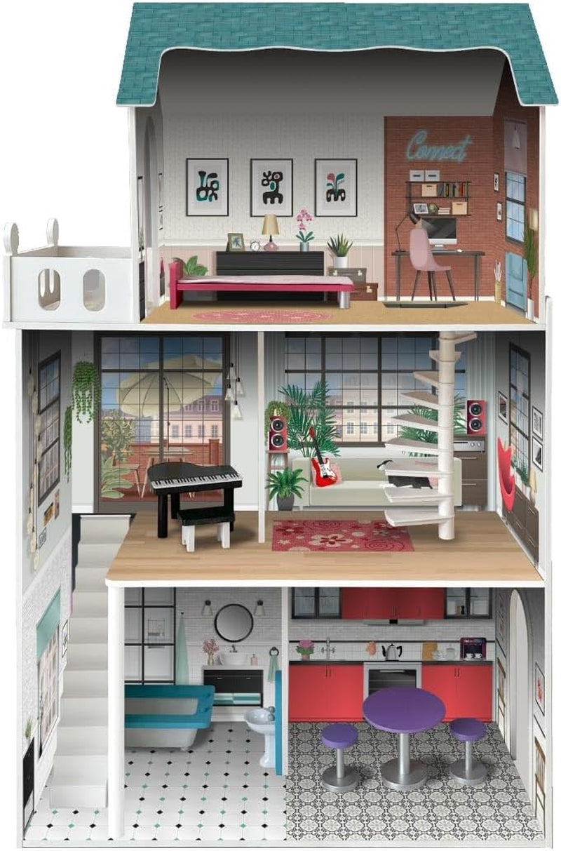 Designový 3patrový domeček pro panenky Soho-Madera s 8 kusy nábytku, velikost 120 X 33 X 75 cm (913D00181) Naty Shop Dollhouses