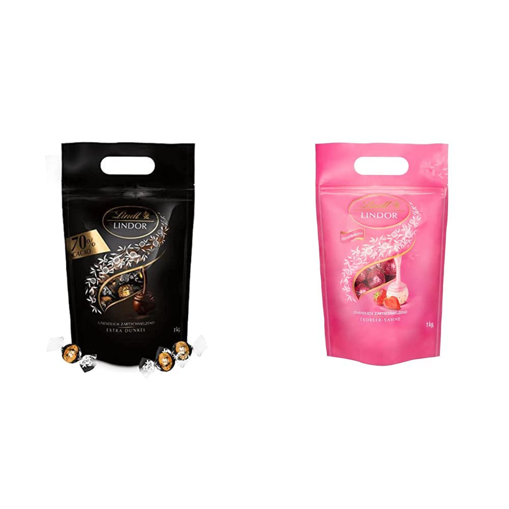 Lindt LINDOR Extra tmavé čokoládové kuličky a LINDOR Jahodové krémové čokoládové kuličky | 1 kg uzavíratelný sáček | cca. 80 bílých čokoládových kuliček s jahodovým krémem