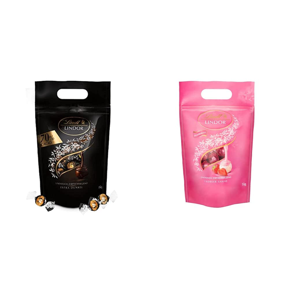Lindt LINDOR Extra tmavé čokoládové kuličky a LINDOR Jahodové krémové čokoládové kuličky | 1 kg uzavíratelný sáček | cca. 80 bílých čokoládových kuliček s jahodovým krémem