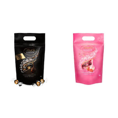 Lindt LINDOR Extra tmavé čokoládové kuličky a LINDOR Jahodové krémové čokoládové kuličky | 1 kg uzavíratelný sáček | cca. 80 bílých čokoládových kuliček s jahodovým krémem