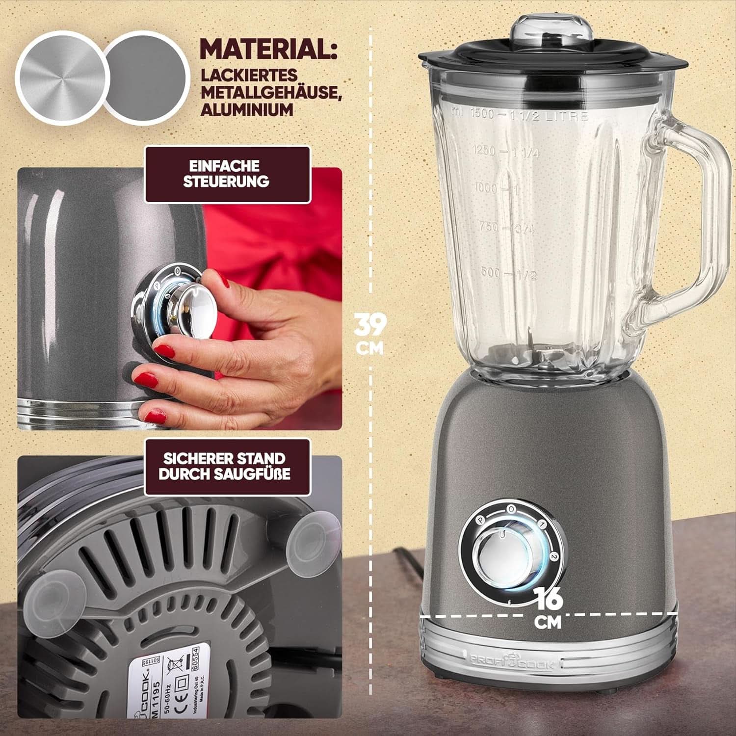 Proficook® Mixer Standmixer Mit Massivem 1.5L Glas-Behälter, Ice Crush & Turbo-Modus - Blender Mit 4Fach Piranha-Messer Aus Edelstahl - Hochleistungsmixer Mit Metallgehäuse 800W, PC UM 1195 Anthrazit Mother and Child Naty Shop