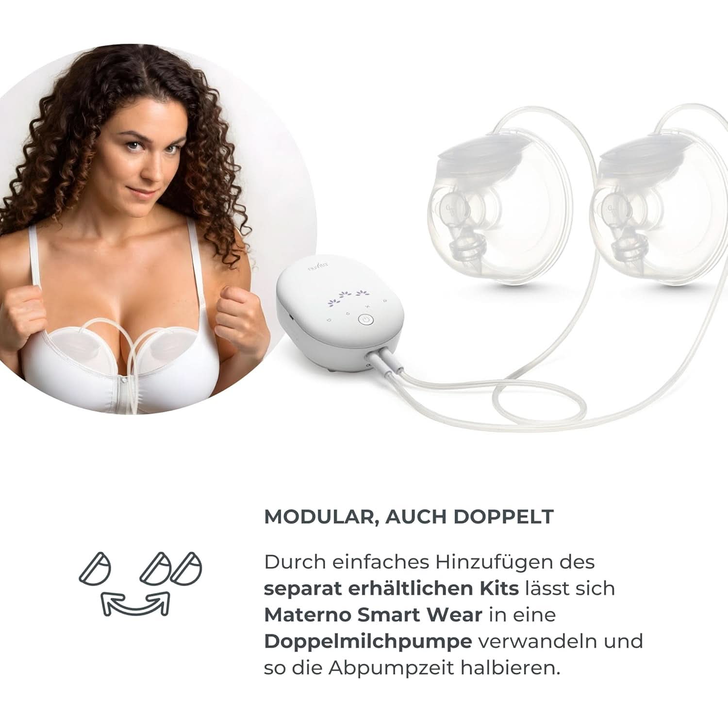 Nuvita Materno Smart Wear 1287W - Hands-free přenosná elektrická odsávačka mateřského mléka - 3fázová technologie, přizpůsobitelná, přenosná, k dispozici sada pro převod dvojité odsávačky mateřského mléka Příslušenství Jídlo a kojení Bebe Naty Shop