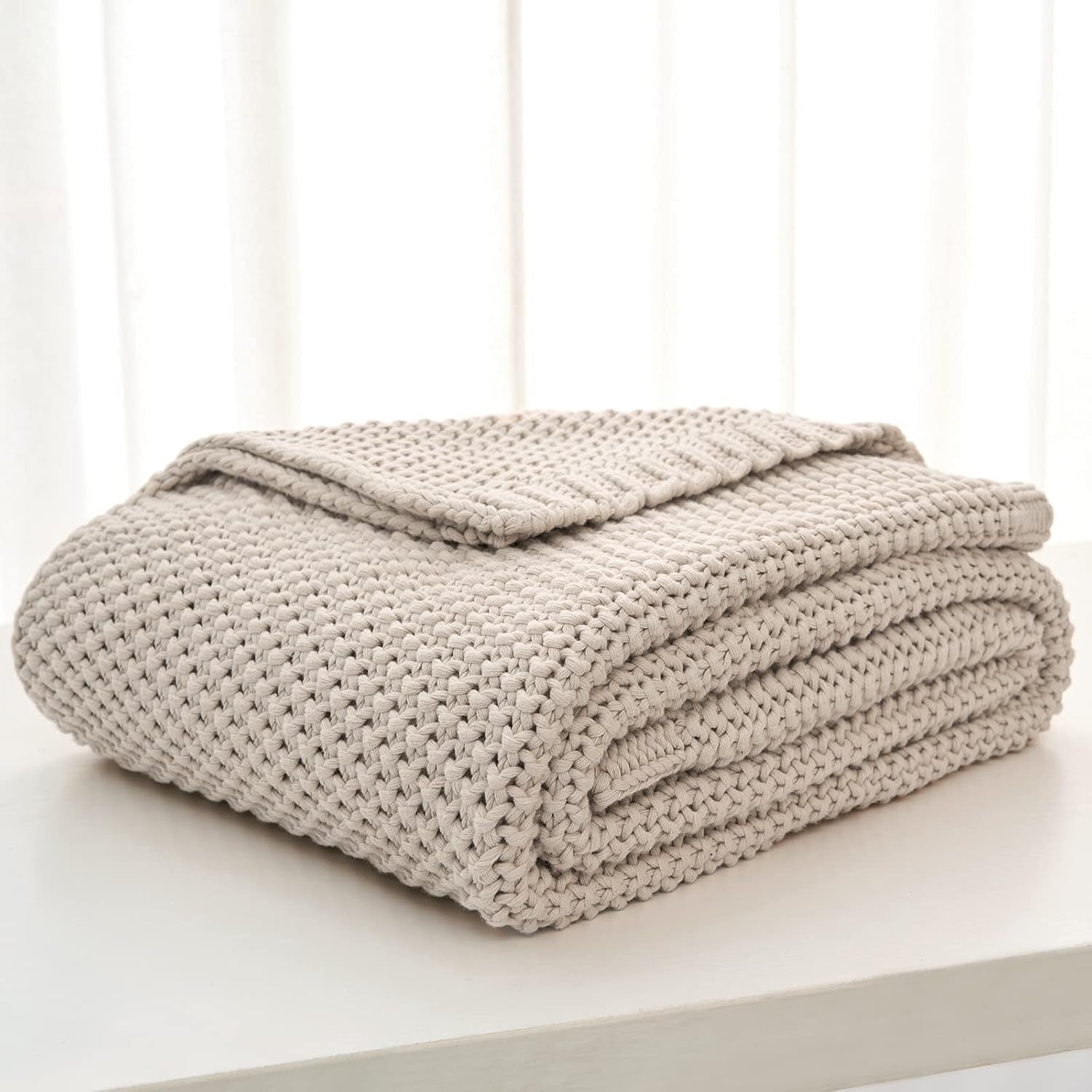 Chunky tricot arunca pătură, Lightweight, Bej, 100% bumbac organic, Pătură pentru canapea, canapea, pat, copil, camera copiilor, Rustic, Shabby chic, Modern farmhouse, 152.4 X 203.2 cm, Inclusiv sac de rufe Paturi si Cuverturi Longhui bedding