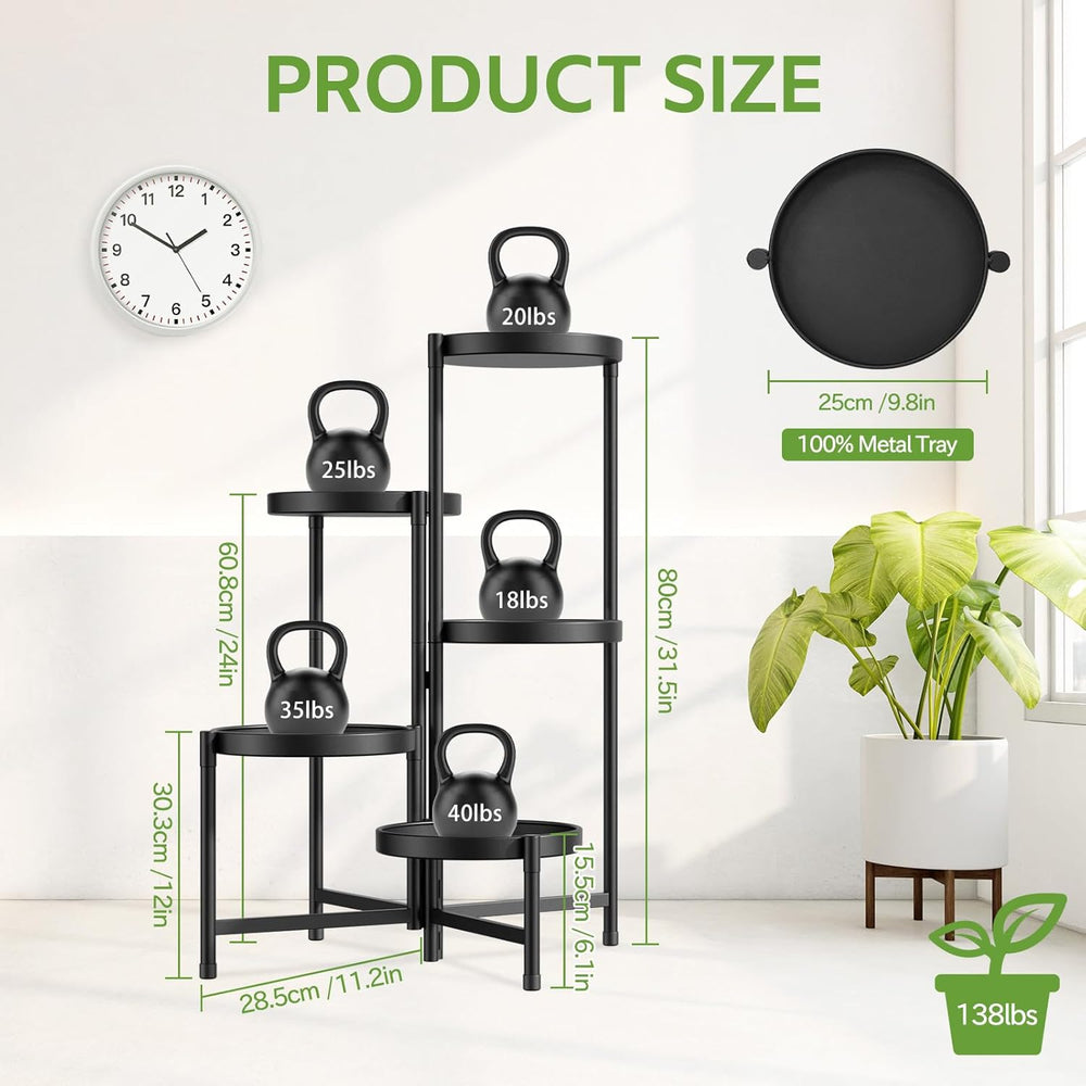Idavosic.Ly Pflanzenständer Metall Groß Mit 5 Etagen, Blumenständer Pflanzenregal Blumenregal Indoor Outdoor, Faltbar Blumentreppen Innen Plant Stand Shelf Für Garten Balkon Wohnzimmer (Rund, Schwarz)