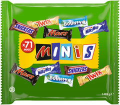 Mini čokoládové míchané balení, 71 mini čokoládových snacků (Mars, Snickers, Bounty, Twix, Milky Way) ve formě sladkostí, ideální pro večer amerického fotbalu (1400 g)