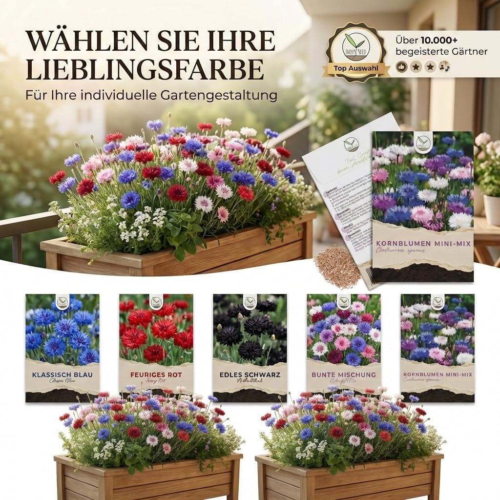 Kornblumen Samen (Centaurea Cyanus) - Wunderschön Leuchtende Blumen Mit Langer Blütezeit, Kleinwüchsig - Ideal Für Den Balkonkasten (Mini Mix, 1000 Korn, 50 Cm)