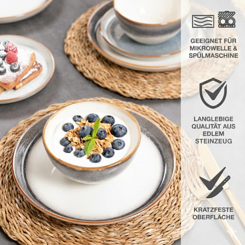 Set de veselă Moritz & Moritz TARENTO, 24 de piese, pentru 6 persoane, gri - Set elegant de farfurii din gresie de înaltă calitate - Setul de veselă include 6 farfurii de cină, 6 farfurii de desert, 6 farfurii de sumă și 6 cești