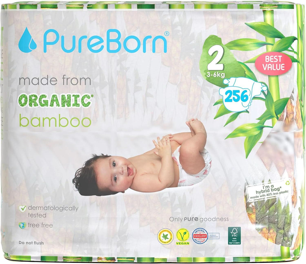 Bio bambusové plenky Pureborn Eco, velikost 2 (3-6 kg) Matka a dítě Naty Shop Velikost 2 (256 plen)