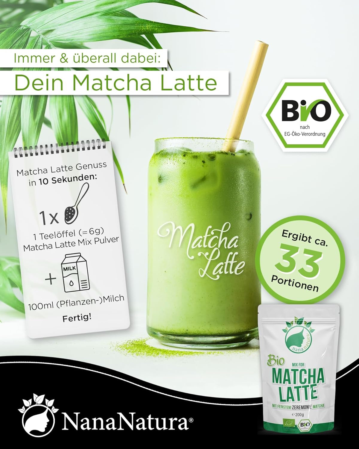 Nananatura'S Bio Matcha Latte Mix cu 22% pudră de ceai verde de calitate ceremonială din Japonia | Pentru o savurare simplă și delicioasă a ceaiului | Potrivit și pentru înghețată și produse de patiserie