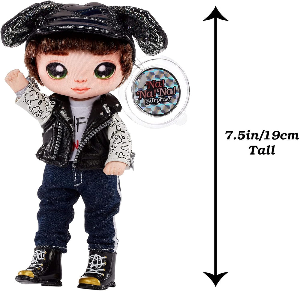Na Na Na Surprise 2-v-1 Soft Modepuppe & Metallic Peněženka Glam Serie - Sammlerpuppe - Boy-Puppe s Braunen Haaren a Mütze se Hunde-Ohren and einer Welpen Tasche - Maxwell Dane