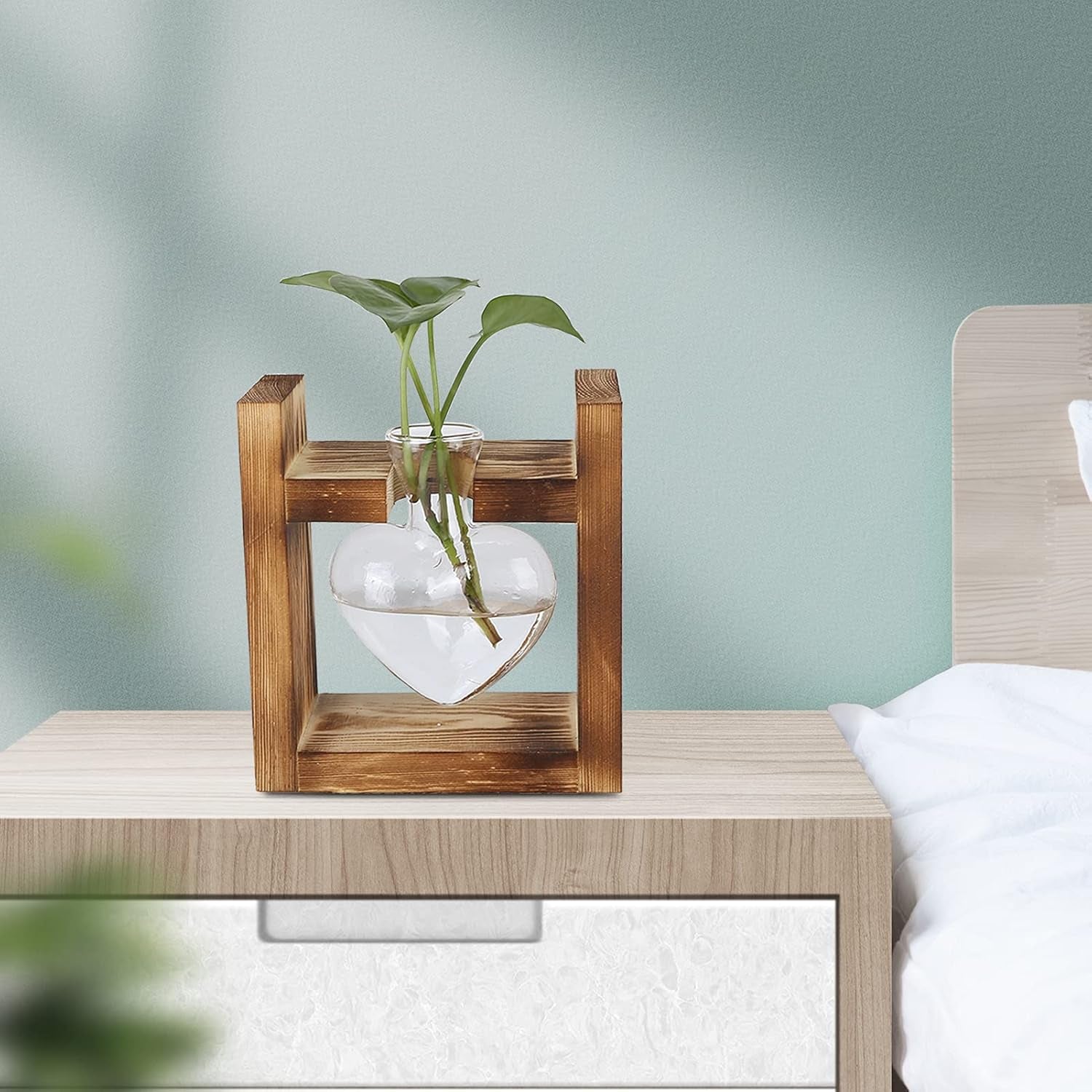 Dřevěné stojanové rostlinné terárium, stolní váza ve tvaru srdce, hydroponické rostliny z čirého skla pro domácí zahradní dekorace, hydroponické květinové dekorace pro kancelář, obývací pokoj, kuchyň (A)