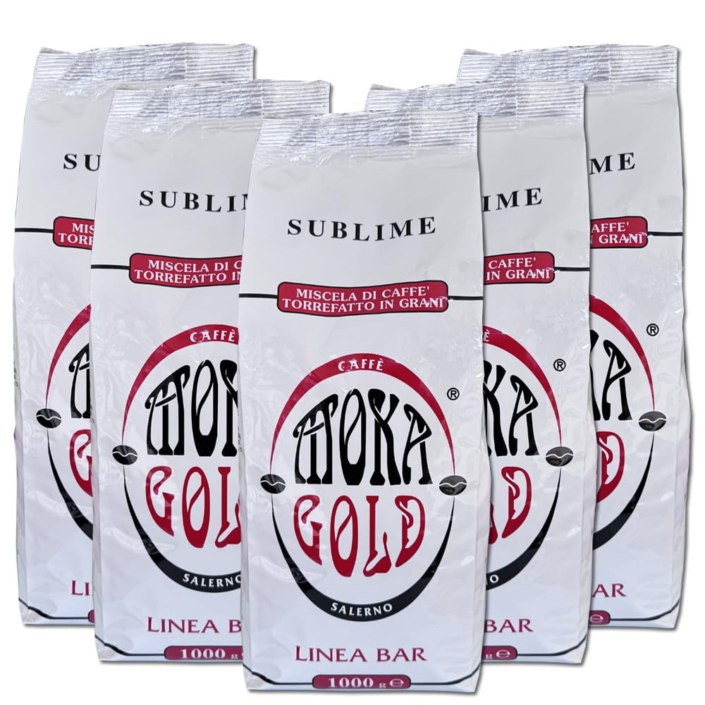 Linia Moka Gold Sublime – 5 pliculețe a câte 1 kg fiecare – Boabe de cafea cu gust rafinat – Amestec arab – Ideal pentru baruri și restaurante – Ambalat cu arome